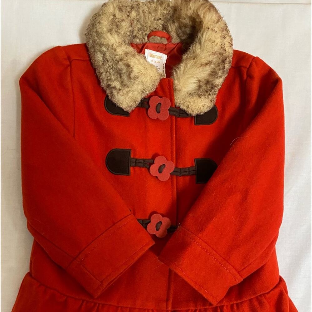 Gymboree 3-4T Wool Zip, flower loop button double breasted coat Faux fur collar
